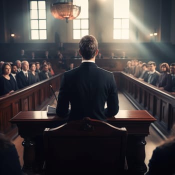 Lawyer speak in court. Attorney and jury in court. Generative AI.