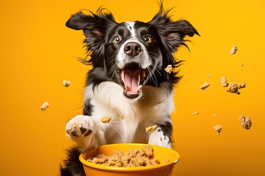 Happy dog with food bowl on yellow background. High quality photo