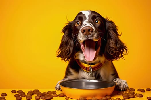 Happy dog with food bowl on yellow background. High quality photo