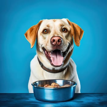 Light dog with a bowl for food on a yellow background. High quality photo