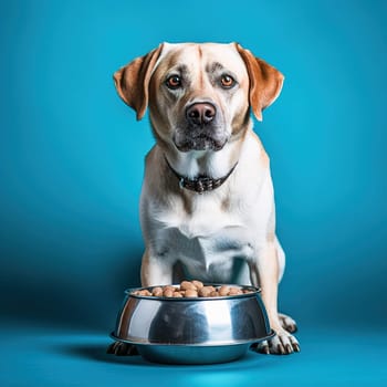 Light dog with a bowl for food on a yellow background. High quality photo