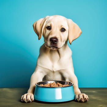 Light dog with a bowl for food on a yellow background. High quality photo