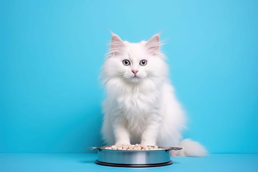 White cat with a bowl of cat food on a blue background. Studio photography. High quality photo