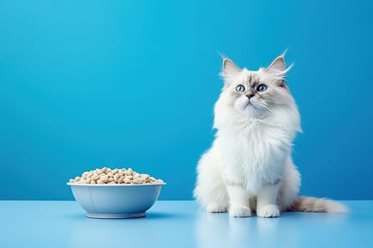 White cat with a bowl of cat food on a blue background. Studio photography. High quality photo