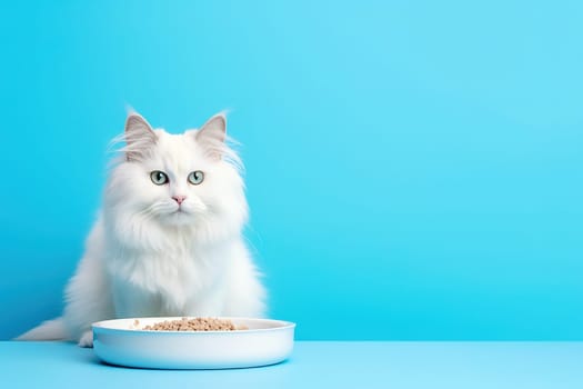White cat with a bowl of cat food on a blue background. Studio photography. High quality photo