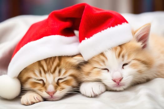 Red kittens in New Year's hats for Christmas. High quality photo