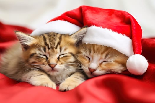 Red kittens in New Year's hats for Christmas. High quality photo