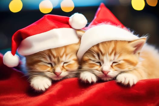 Red kittens in New Year's hats for Christmas. High quality photo
