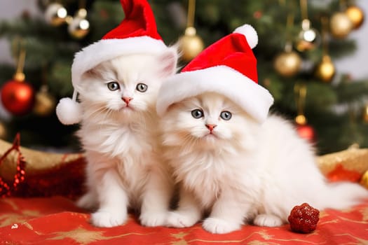 White, fluffy kittens in New Year's hats for Christmas. High quality photo