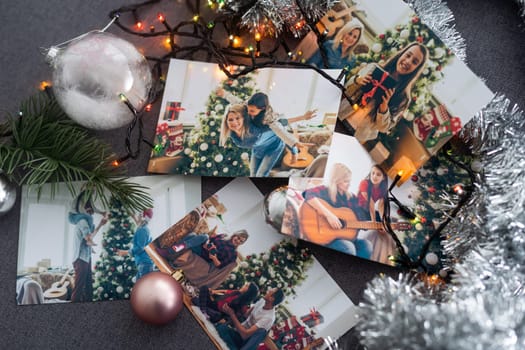 Photos of family against Christmas lights decor background.