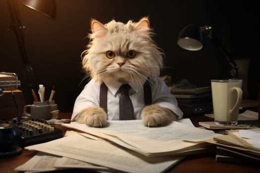 Business cat working with paperwork at office. Generative AI.