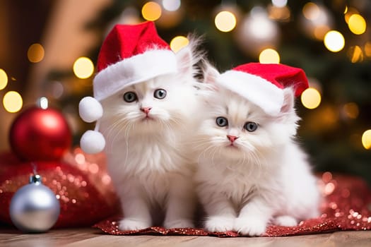 White, fluffy kittens in New Year's hats for Christmas. High quality photo