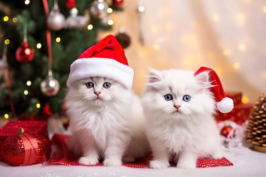 White, fluffy kittens in New Year's hats for Christmas. High quality photo