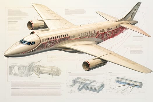 Model with drawings of a fantastic jet aircraft. High quality illustration