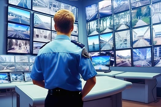 A male security guard looks at the camera monitors in the security room