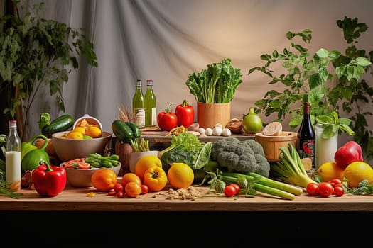 Fresh vegetables, herbs and fruits on the table. High quality photo