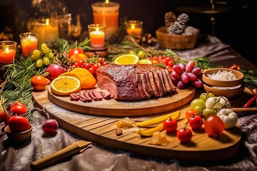 Baked sliced meat on a board with fresh vegetables. High quality photo