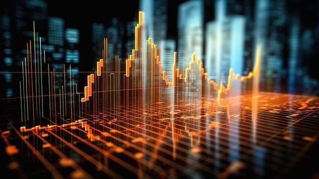 Three-dimensional graph of city development and prosperity, growth indicators. Orange tone. High quality illustration