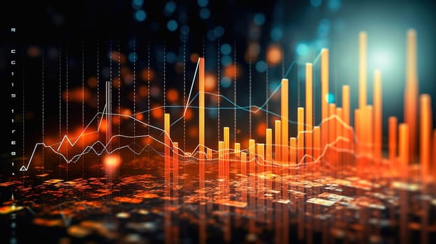Three-dimensional graph of city development and prosperity, growth indicators. Orange tone. High quality illustration
