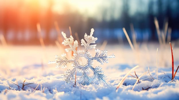 Large symmetrical snowflake on the snow close-up. New Year holiday concept. High quality photo