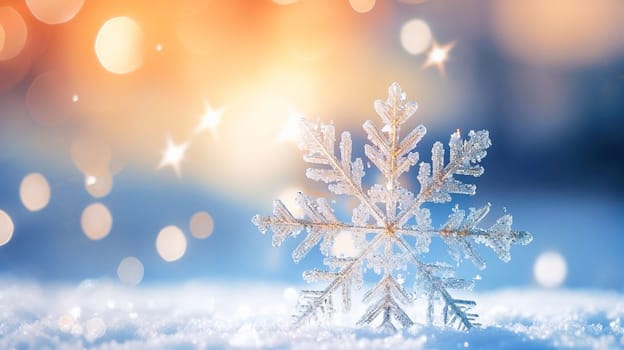 Large symmetrical snowflake on the snow close-up. New Year holiday concept. High quality photo