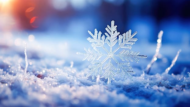 Large symmetrical snowflake on the snow close-up. New Year holiday concept. High quality photo