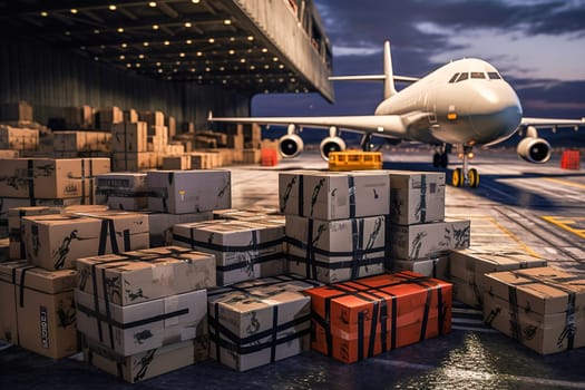 Military personnel at the airfield load boxes and containers with military uniforms and weapons. High quality photo