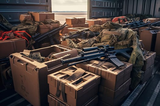 Military personnel at the airfield load boxes and containers with military uniforms and weapons. High quality photo