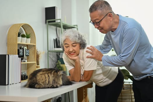Affectionate senior couple playing with cute fluffy cat in living room.