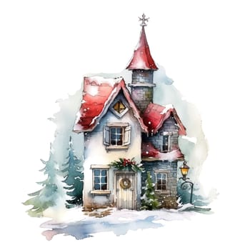 Christmas House Clipart, Watercolor Christmas Village AI Generated.