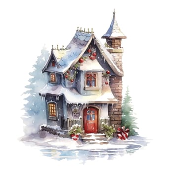 Christmas House Clipart, Watercolor Christmas Village AI Generated.