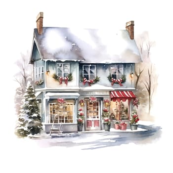 Christmas House Clipart, Watercolor Christmas Village AI Generated.