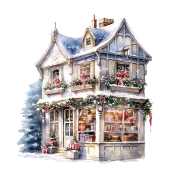 Christmas House Clipart, Watercolor Christmas Village AI Generated.