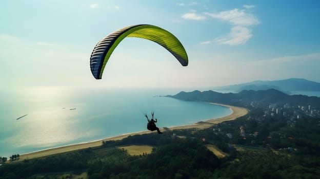 Skydiving high paragliding sea beach flight blue landscape ocean gliding parachute active freedom sport adventure fly travel extreme sky nature leisure summer