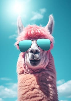 Cute stylish alpaca portrait of llama wearing glasses on blue background wearing glasses and scarf, fashion