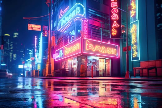 Neon signs and lights in an empty city at night. High quality photo