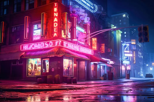 Neon signs and lights in an empty city at night. High quality photo