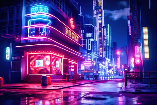 Neon signs and lights in an empty city at night. High quality photo