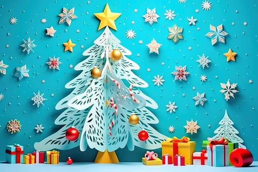 New Year's tree with gifts and snowflakes made of paper. Concept of New Year celebration. High quality illustration