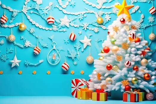 New Year's tree with gifts and snowflakes made of paper. Concept of New Year celebration. High quality illustration