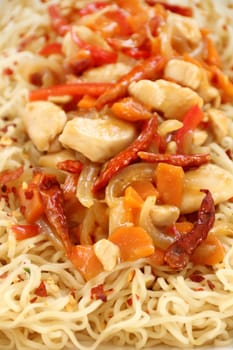 Spicy oriental chilli chicken sitr fry ready to serve.