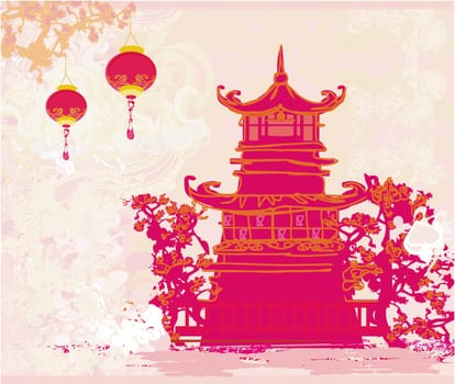 old paper with Asian Landscape and Chinese Lanterns - vintage japanese style background