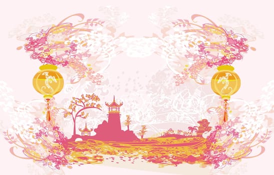 old paper with Asian Landscape and Chinese Lanterns - vintage japanese style background