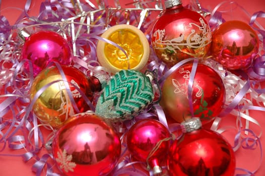Various Christmas decorations on red background