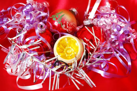 Christmas decorations on red background