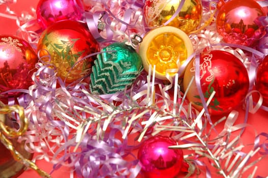 Various christmas decorations on red background