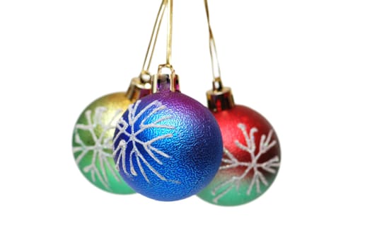Three Christmas balls hanging - isolated on white