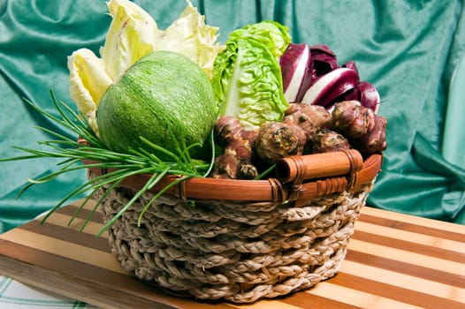 fresh salad on wooden cutting board bamboo