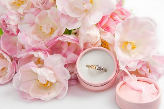 tulip and wedding rings on a white background