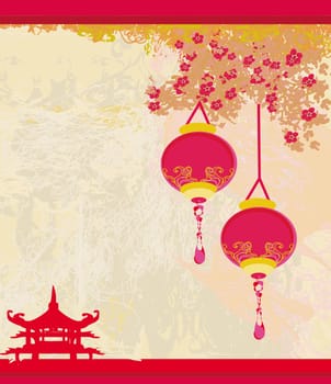 old paper with Asian Landscape and Chinese Lanterns - vintage japanese style background